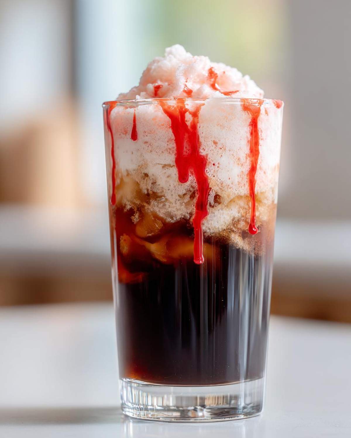 A tall glass of Strawberry Cream Cold Brew featuring dark coffee, creamy topping, and bright red strawberry syrup drizzle.