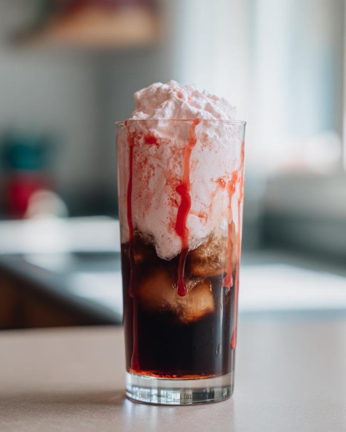 A tall glass featuring Strawberry Cream Cold Brew with ice cubes, topped with pink whipped cream and strawberry syrup drizzle.