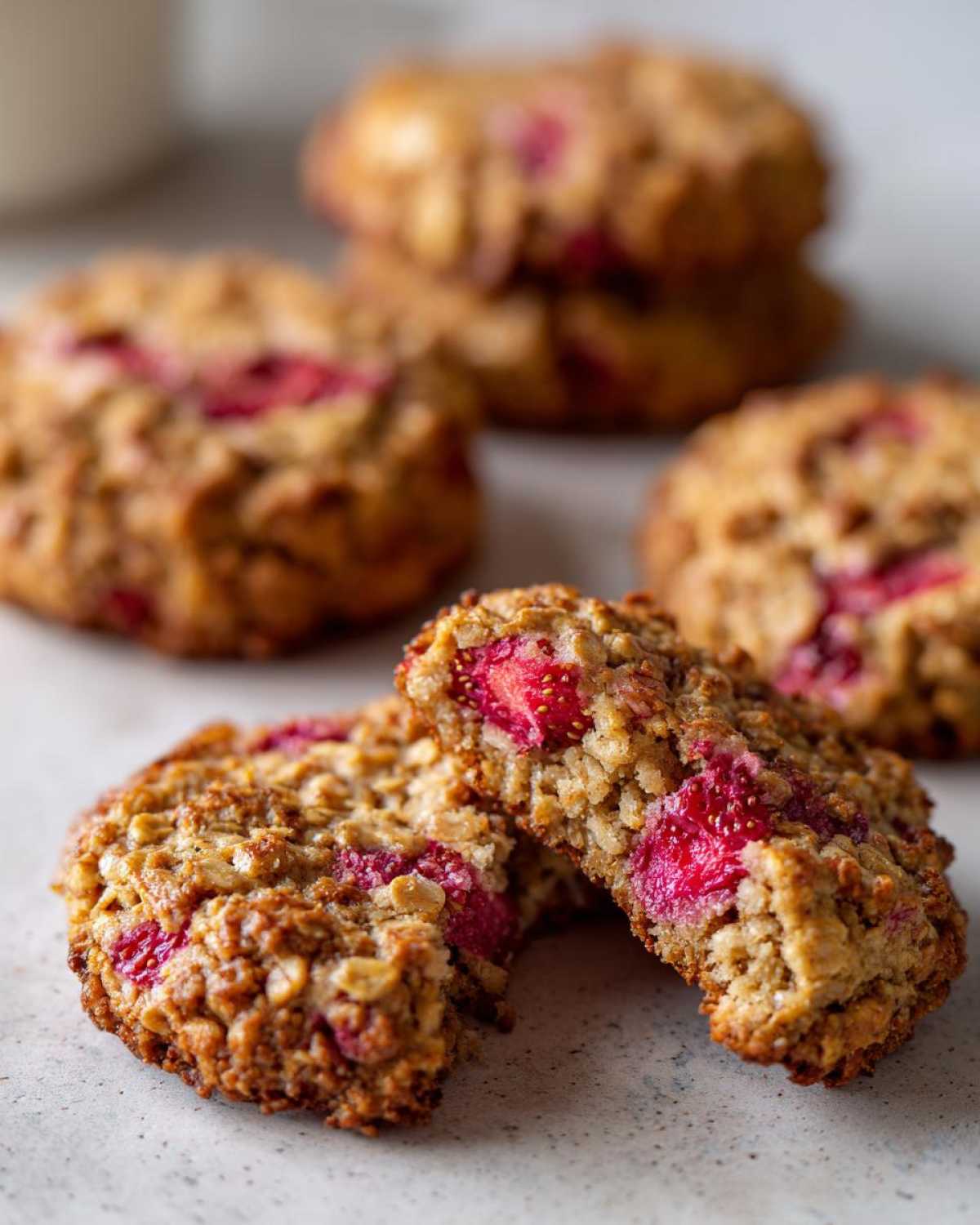A close-up of one of the Strawberry Oatmeal Breakfast Cookies broken in half, showing the moist interior packed with oats and bright red strawberries.