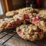 Close-up of soft Strawberry Oatmeal Breakfast Cookies cooling on a wire rack, one cookie broken in half showing the fruit inside.
