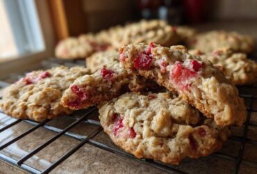 Close-up of soft Strawberry Oatmeal Breakfast Cookies cooling on a wire rack, one cookie broken in half showing the fruit inside.