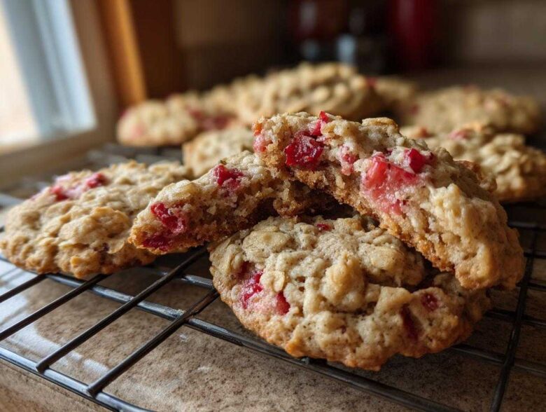 Close-up of soft Strawberry Oatmeal Breakfast Cookies cooling on a wire rack, one cookie broken in half showing the fruit inside.