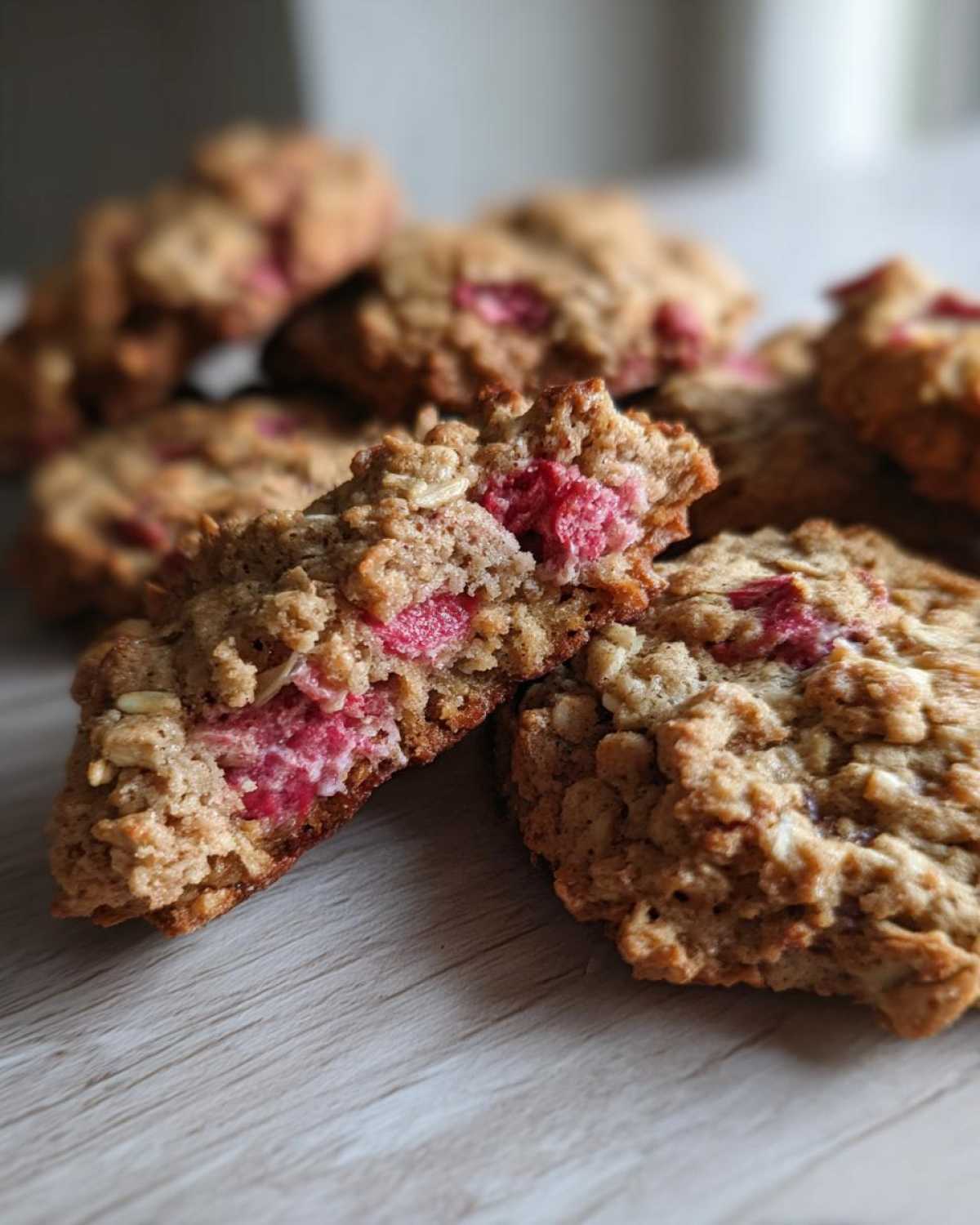 Close-up of a Strawberry Oatmeal Breakfast Cookie broken in half showing the soft, pink strawberry filling.