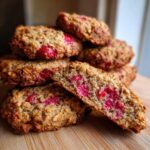 A stack of golden brown Strawberry Oatmeal Breakfast Cookies, with one cookie broken open showing the bright pink strawberry filling.