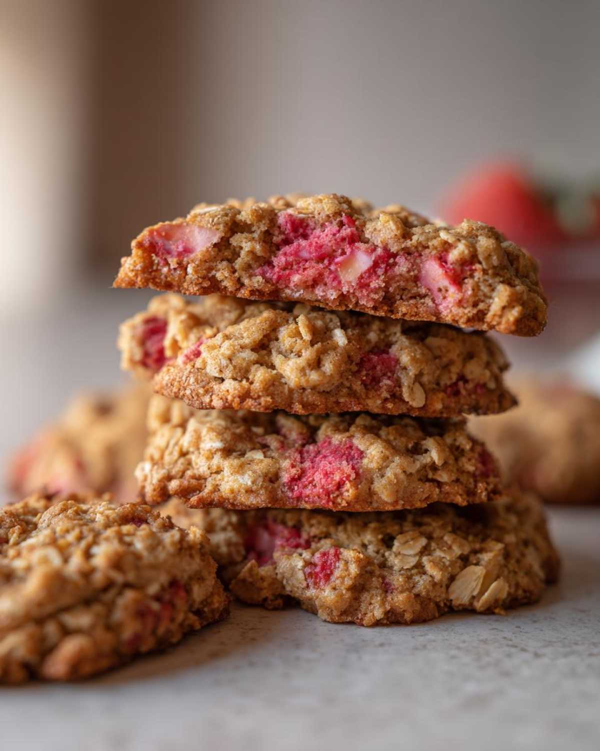 Close-up of a stack of four Strawberry Oatmeal Breakfast Cookies, showing the moist, pink interior filled with strawberries and oats.