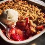 Close-up of warm Strawberry Rhubarb Crisp topped with melting vanilla ice cream and a spoon.