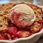 Close-up of warm Strawberry Rhubarb Crisp topped with a melting scoop of vanilla ice cream.