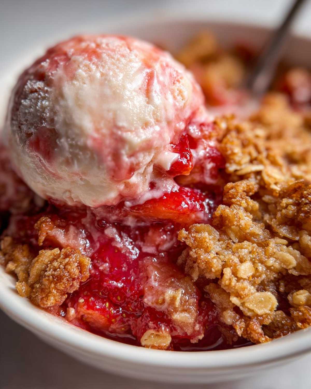 Close-up of warm Strawberry Rhubarb Crisp topped with melting vanilla ice cream swirled with strawberry sauce.