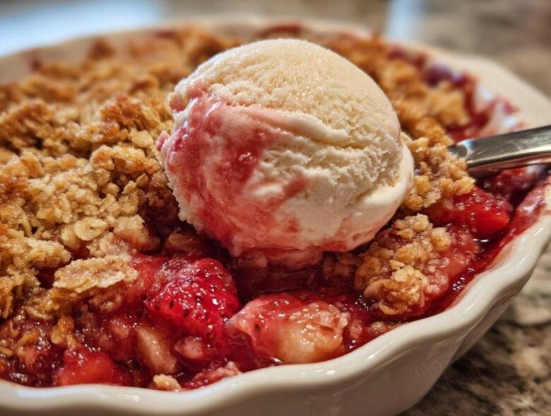 Close-up of warm Strawberry Rhubarb Crisp topped with a melting scoop of vanilla ice cream.