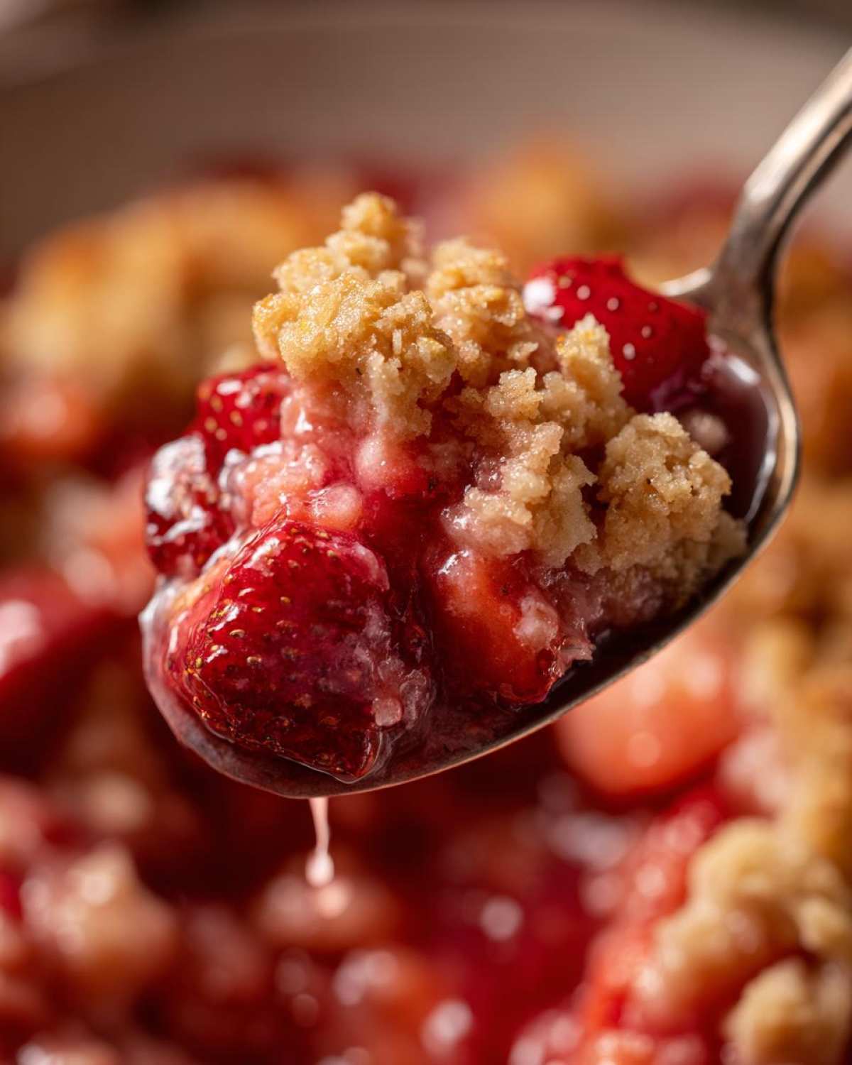 Close-up of a spoonful of warm Strawberry Rhubarb Crisp, showing juicy strawberries and crumbly topping.