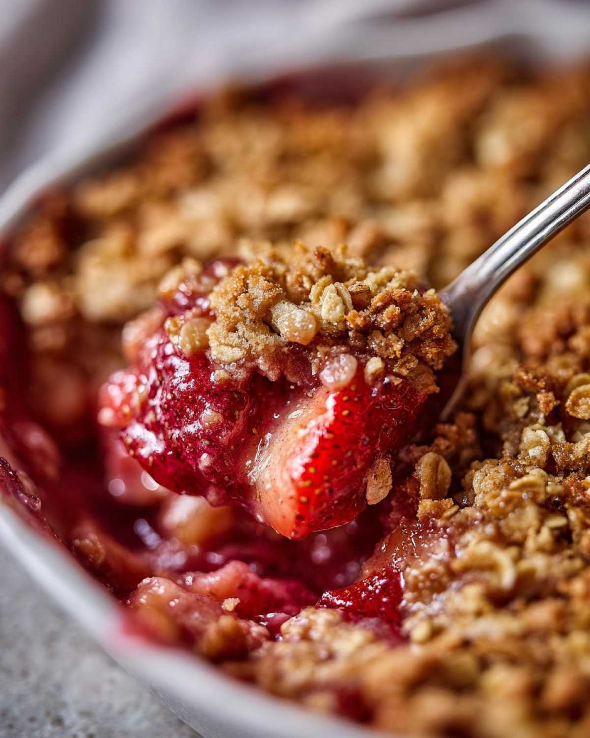 A spoonful of warm Strawberry Rhubarb Crisp showing juicy strawberries and crunchy oat topping.