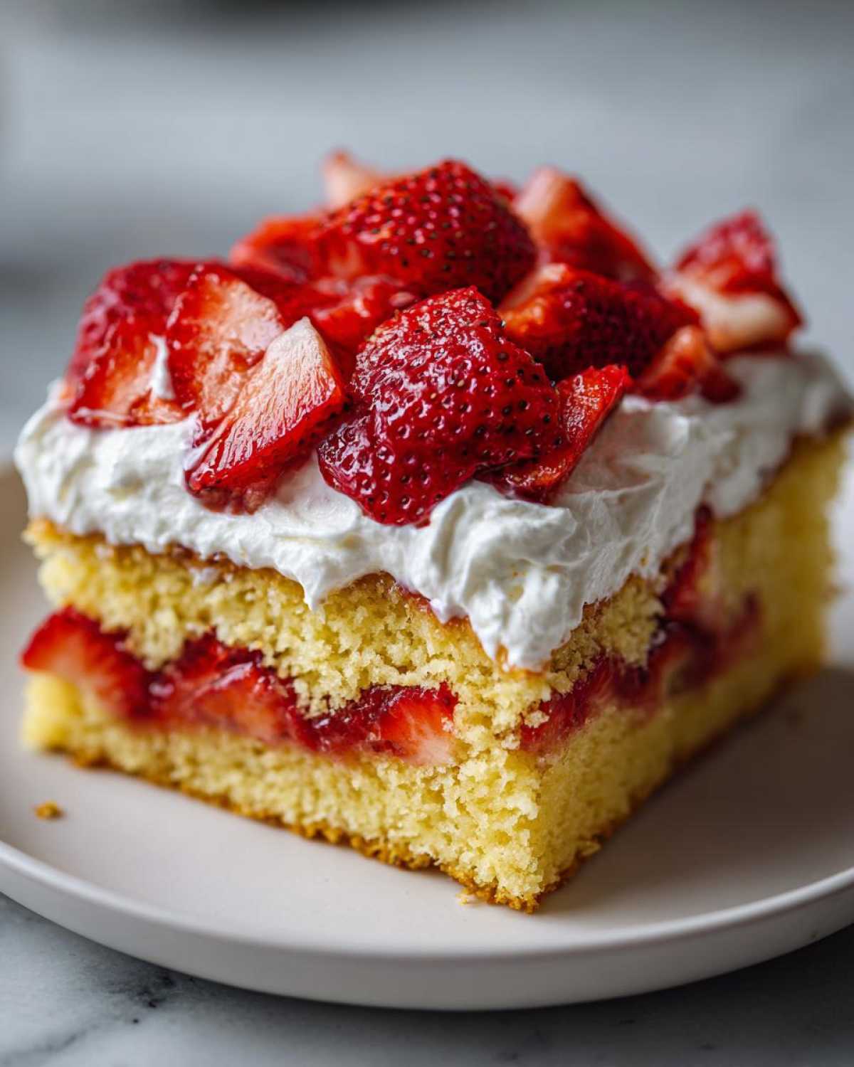 Close-up of a moist slice of Strawberry Shortcake Sheet Cake layered with strawberries and topped with whipped cream.