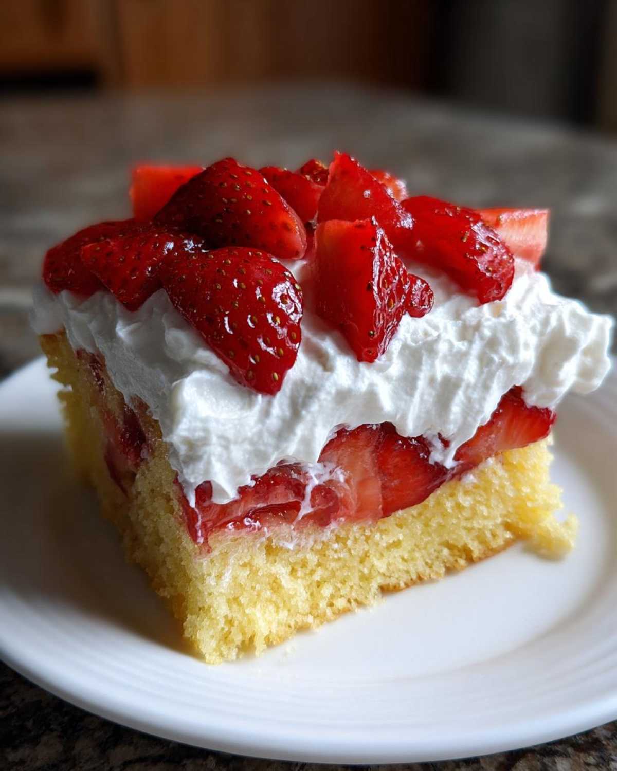 Close-up of a moist slice of Strawberry Shortcake Sheet Cake topped with fresh strawberries and whipped cream.
