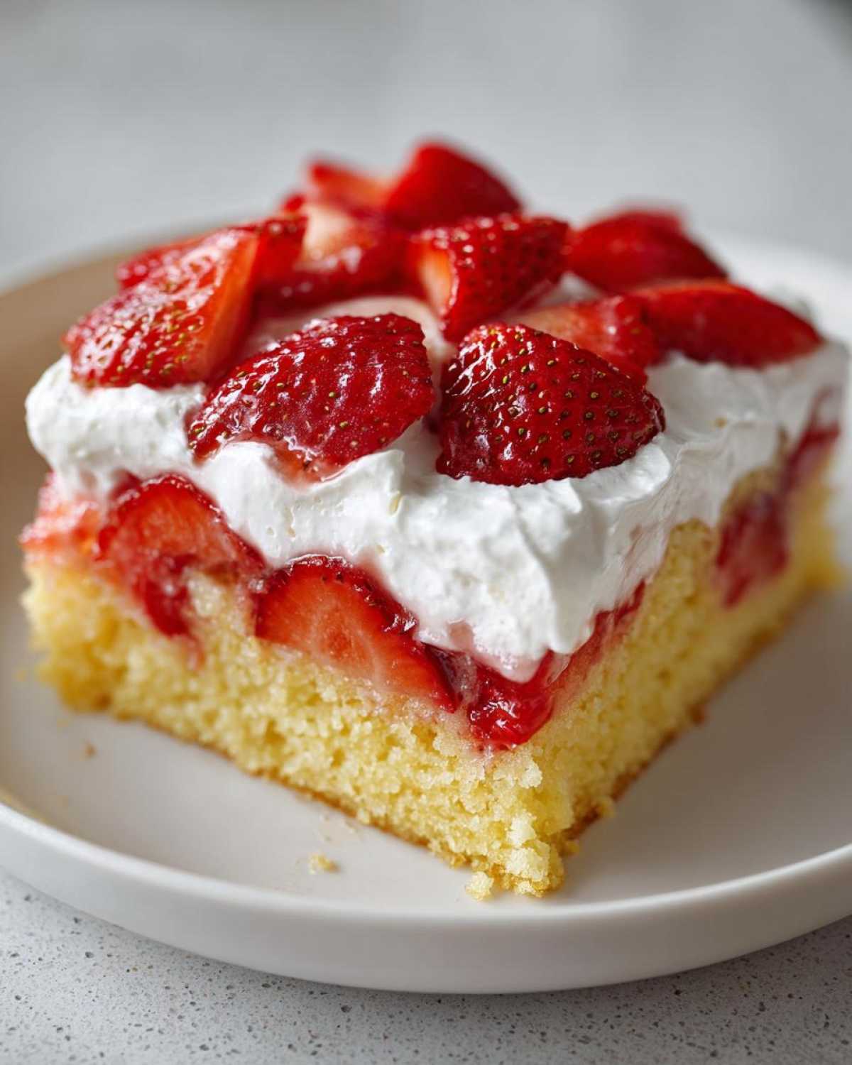 A close-up of a moist slice of Strawberry Shortcake Sheet Cake topped with whipped cream and fresh strawberries.