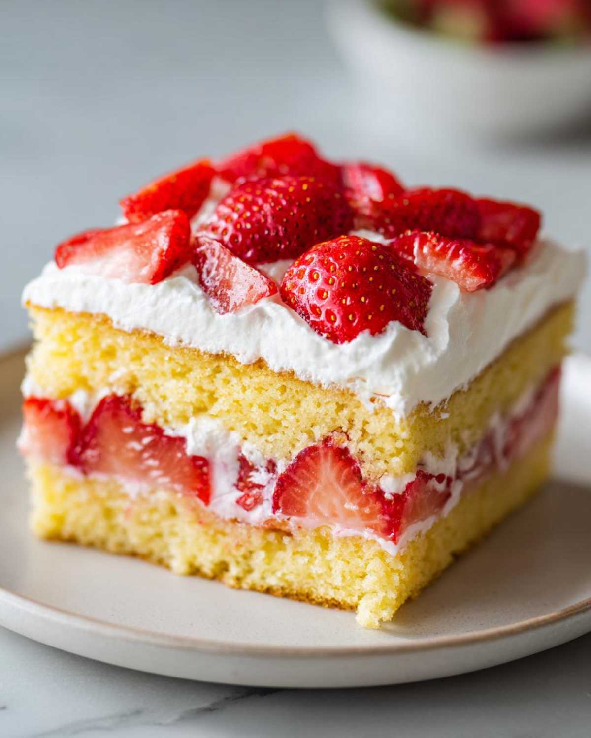 A perfect square slice of Strawberry Shortcake Sheet Cake with layers of yellow cake, whipped cream, and fresh strawberries.