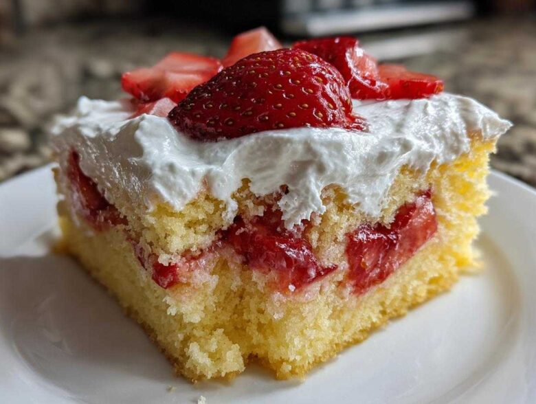 Close-up of a moist slice of Strawberry Shortcake Sheet Cake layered with strawberries and topped with whipped cream.