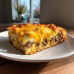A close-up, appetizing slice of Tater Tot Breakfast Casserole featuring a crispy top layer of melted cheddar cheese over sausage and eggs.
