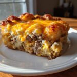 A hearty slice of Tater Tot Breakfast Casserole with sausage, eggs, and melted cheddar cheese on a white plate.
