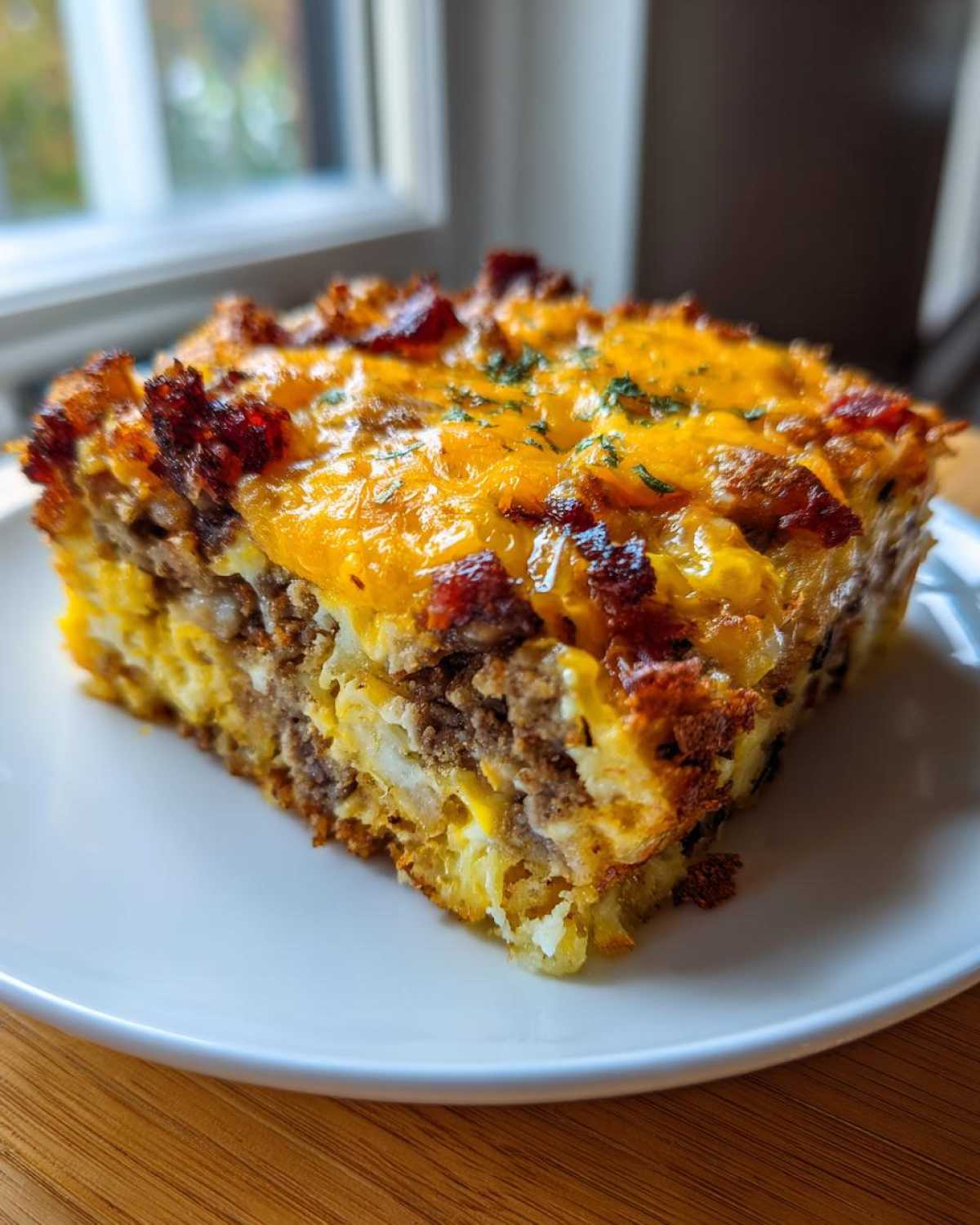 A hearty square slice of Tater Tot Breakfast Casserole topped with melted cheddar and crispy bacon bits.