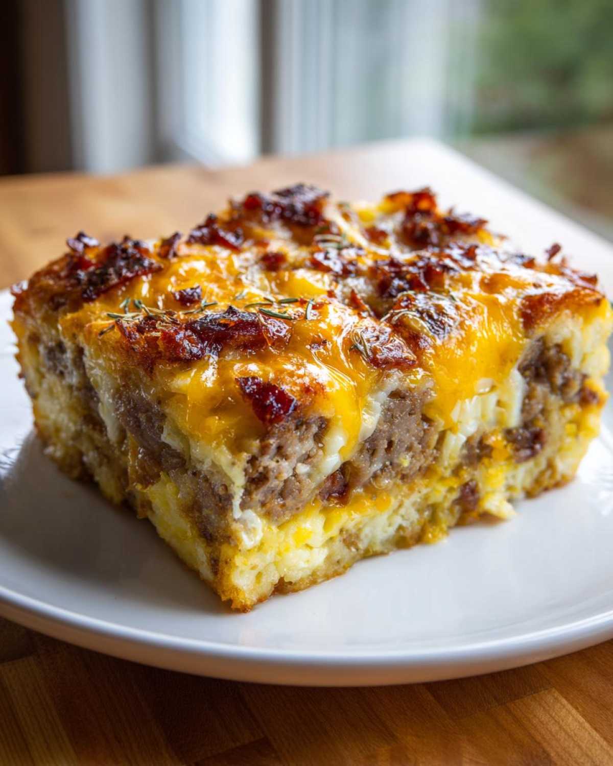 A square serving of Tater Tot Breakfast Casserole featuring layers of sausage, egg, and melted cheddar cheese.