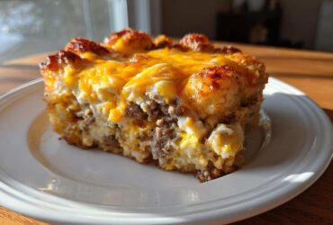A hearty slice of Tater Tot Breakfast Casserole with sausage, eggs, and melted cheddar cheese on a white plate.