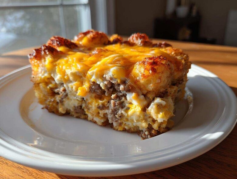 A hearty slice of Tater Tot Breakfast Casserole with sausage, eggs, and melted cheddar cheese on a white plate.