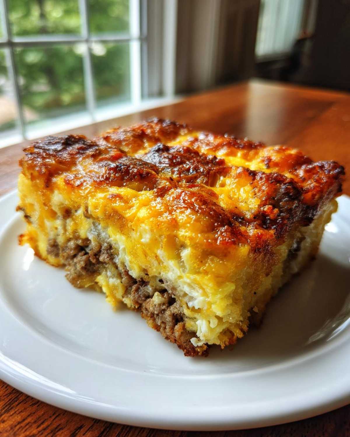A hearty slice of Tater Tot Breakfast Casserole with browned cheese topping and sausage layer.