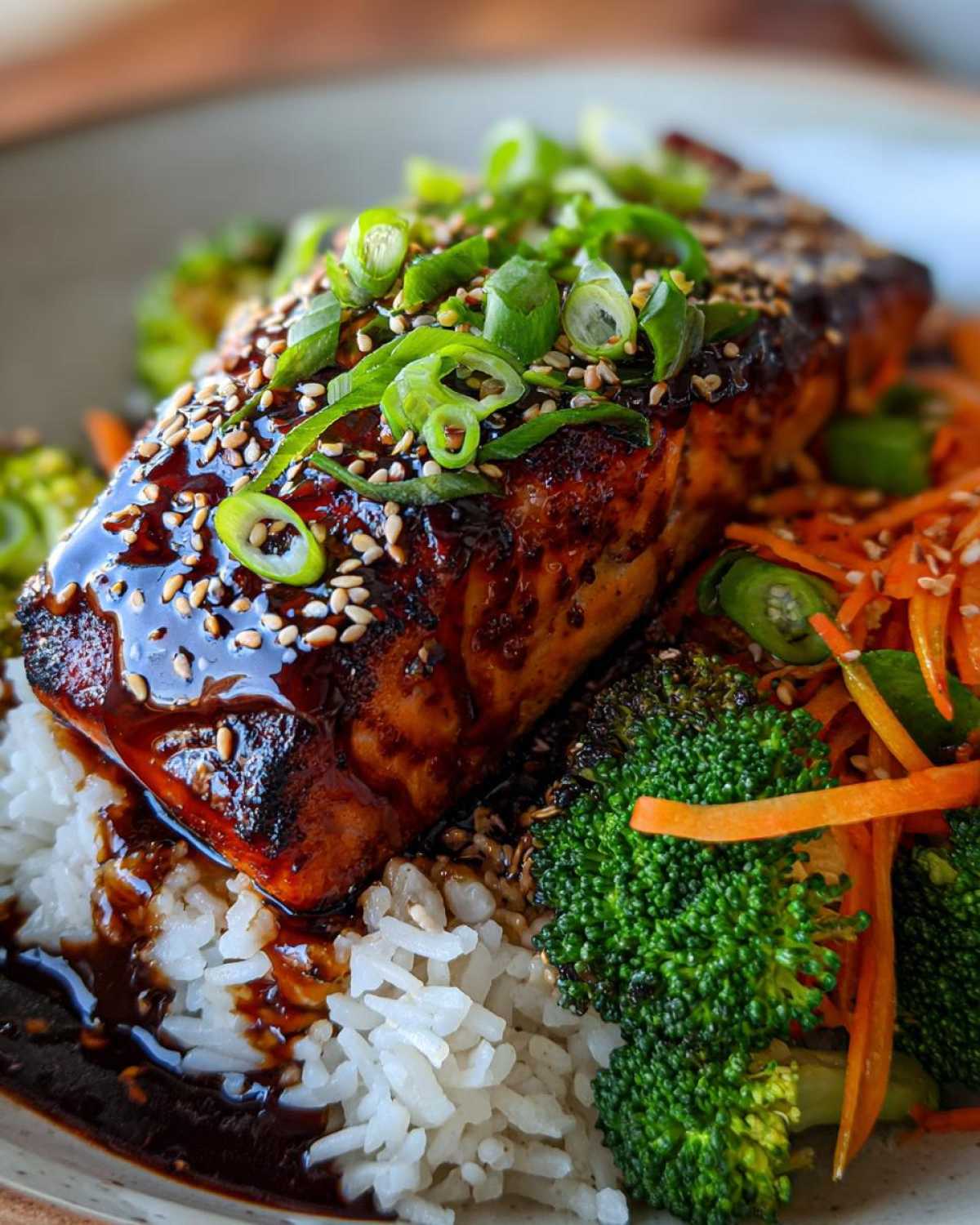 Close-up of a perfectly cooked piece of Teriyaki Salmon Rice Bowls, glazed, topped with sesame seeds and green onions.