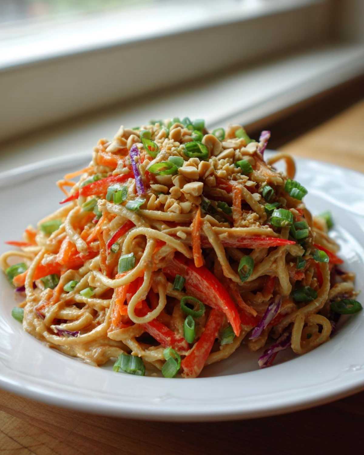 A close-up of Thai Peanut Noodles with Crunchy Veggies, topped with chopped peanuts and green onions.