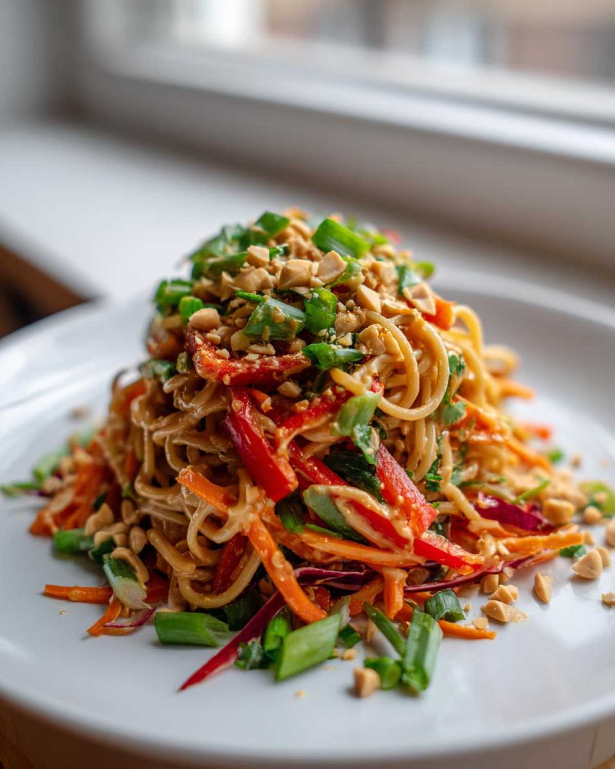A close-up of a serving of Thai Peanut Noodles with Crunchy Veggies, topped with chopped peanuts and green onions.