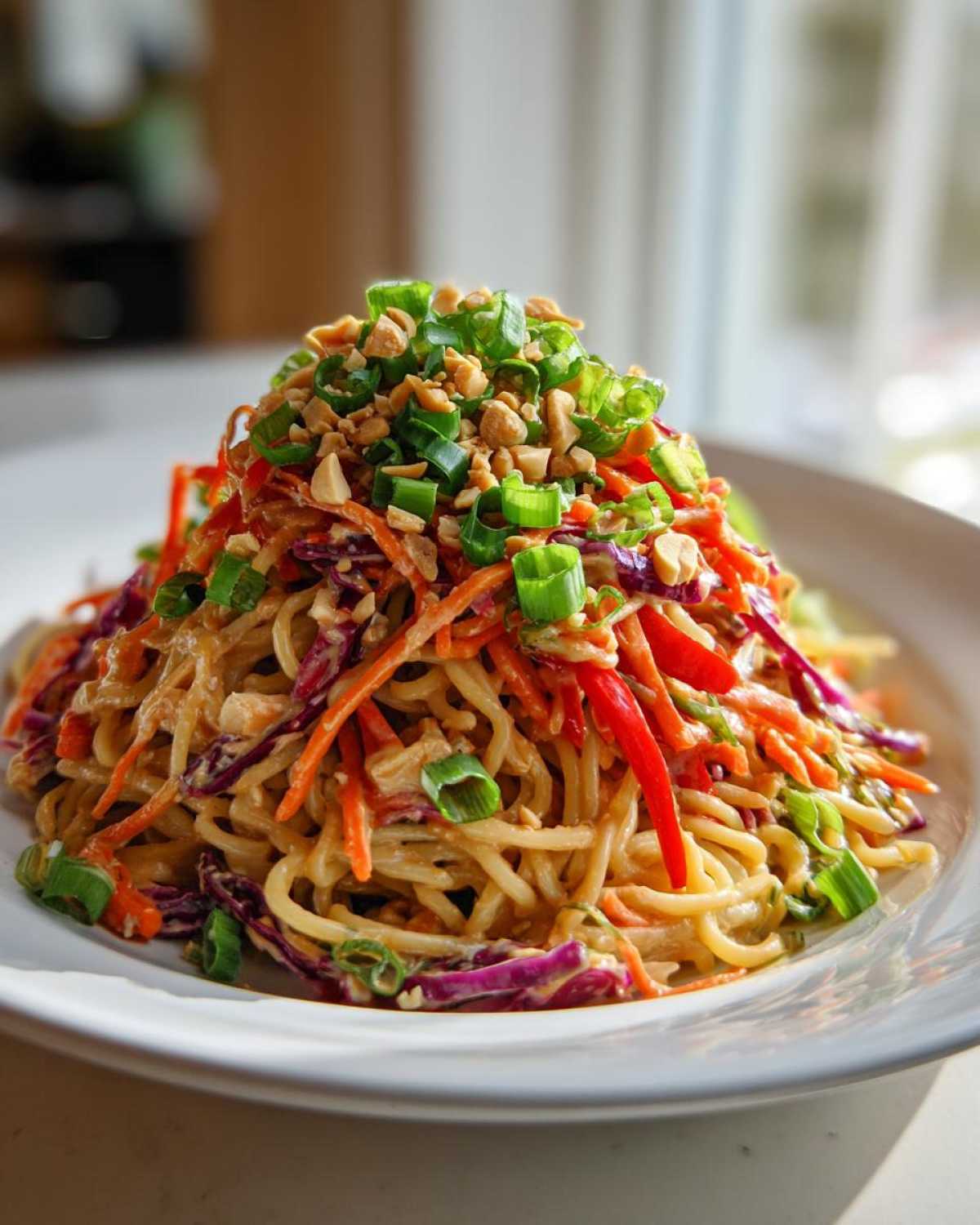 A vibrant mound of Thai Peanut Noodles with Crunchy Veggies, topped with chopped peanuts and green onions.