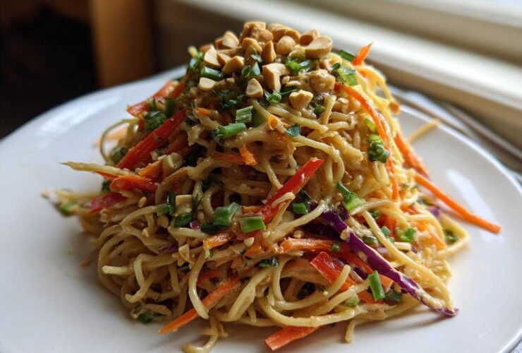 A mound of Thai Peanut Noodles with Crunchy Veggies, topped with chopped peanuts and green onions, served on a white plate.