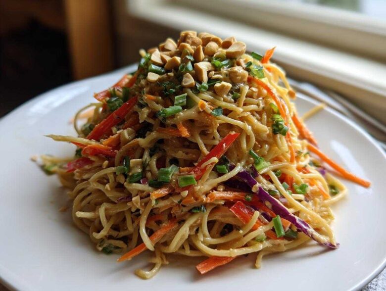 A mound of Thai Peanut Noodles with Crunchy Veggies, topped with chopped peanuts and green onions, served on a white plate.