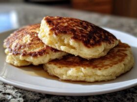 A close-up of three fluffy Vegan Banana Oat Pancakes stacked on a white plate with a drizzle of syrup.