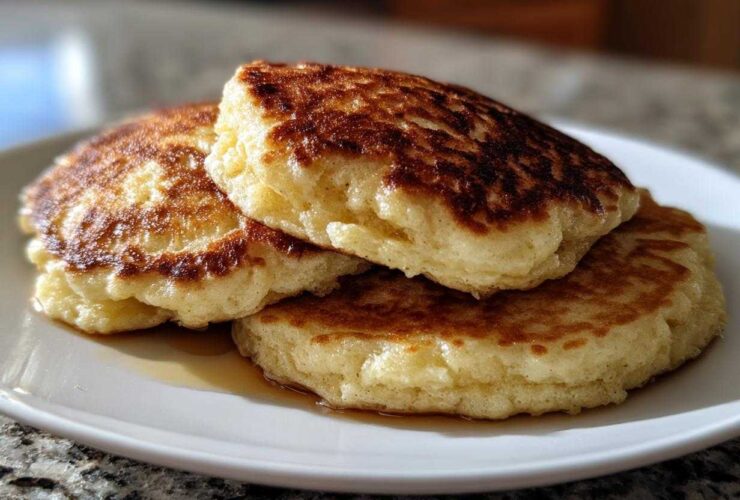 A close-up of three fluffy Vegan Banana Oat Pancakes stacked on a white plate with a drizzle of syrup.