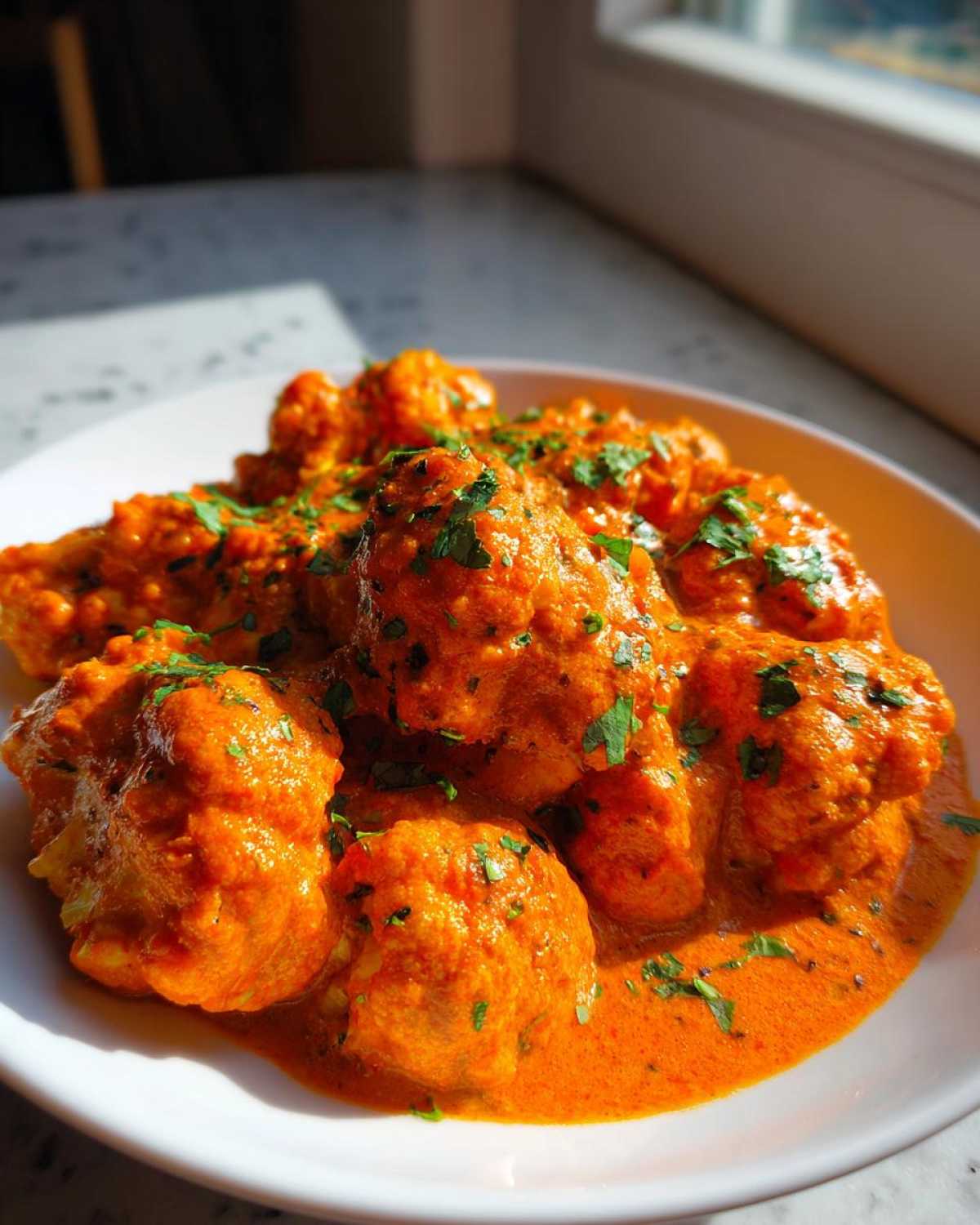 Close-up of florets of cauliflower coated in rich, orange sauce, served as Vegan Cauliflower Tikka Masala and garnished with cilantro.