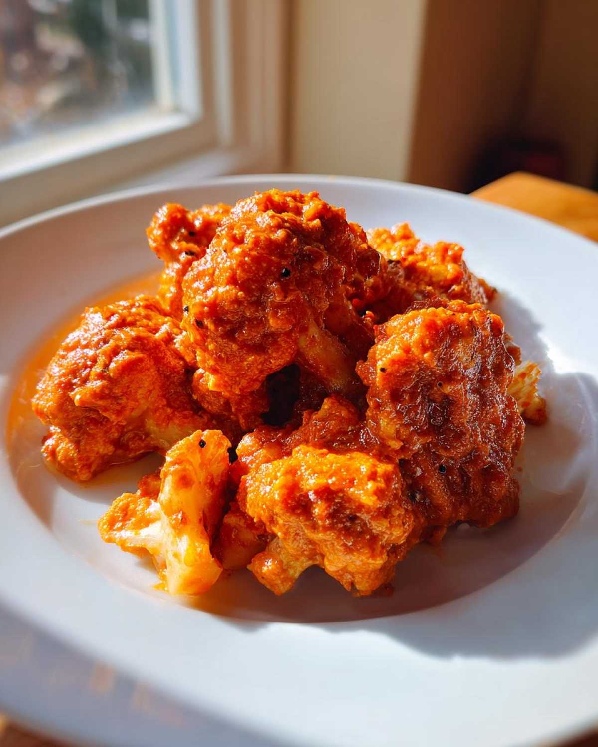 Close-up of cauliflower florets coated in rich, orange-red sauce, ready to eat Vegan Cauliflower Tikka Masala.