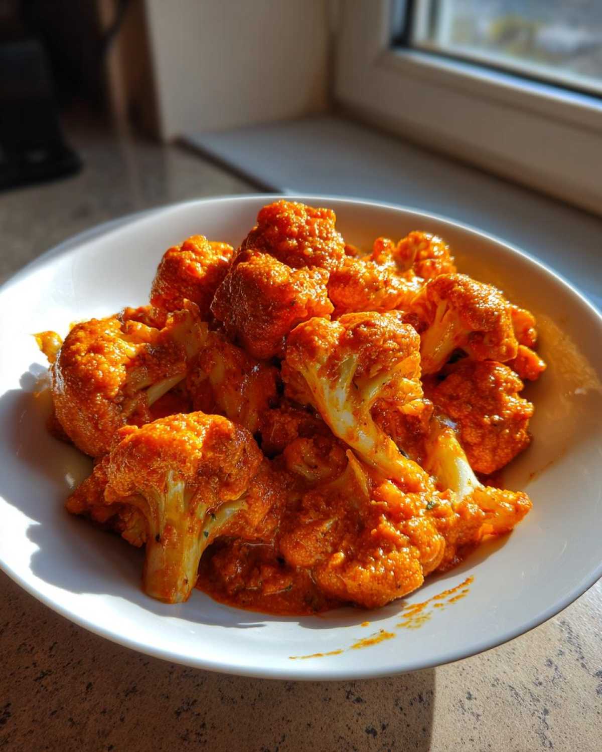 Close-up of cauliflower florets coated in rich, orange sauce, representing Vegan Cauliflower Tikka Masala, served in a white bowl.