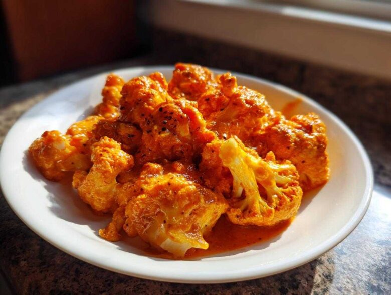 Close-up of bright orange, saucy cauliflower florets from the Vegan Cauliflower Tikka Masala recipe served on a white plate.