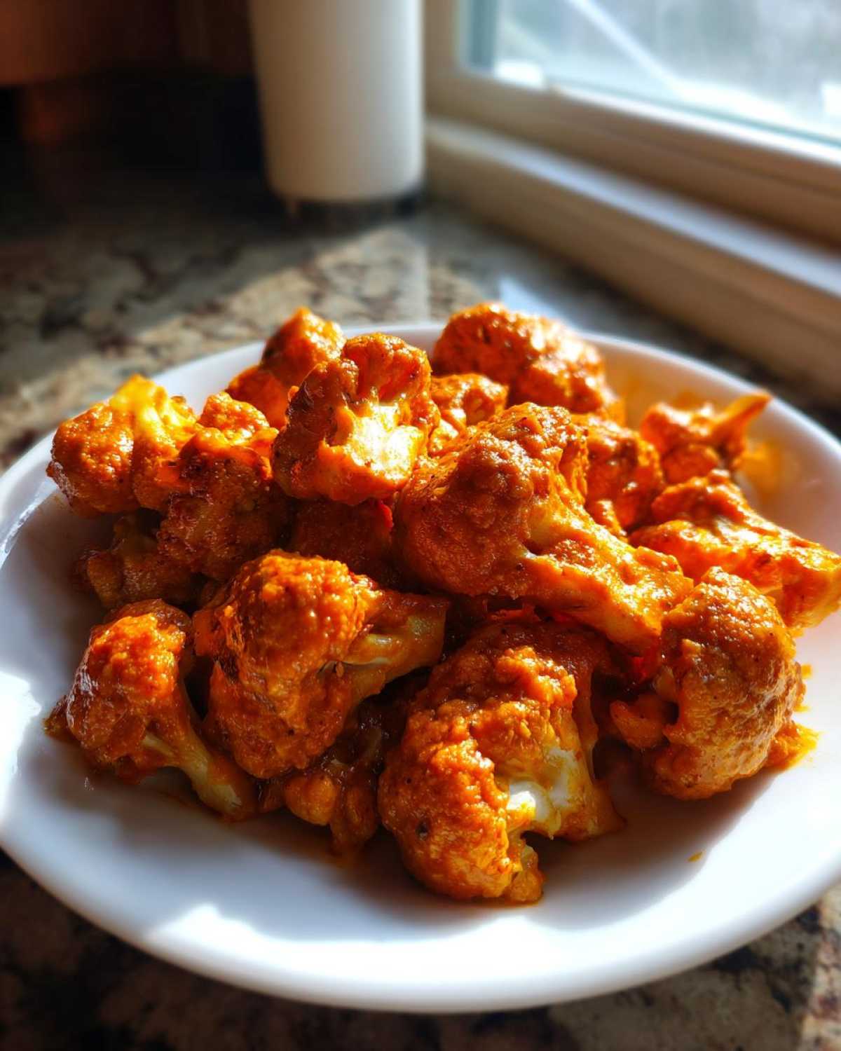 Close-up of bright orange, saucy cauliflower florets ready for Vegan Cauliflower Tikka Masala.