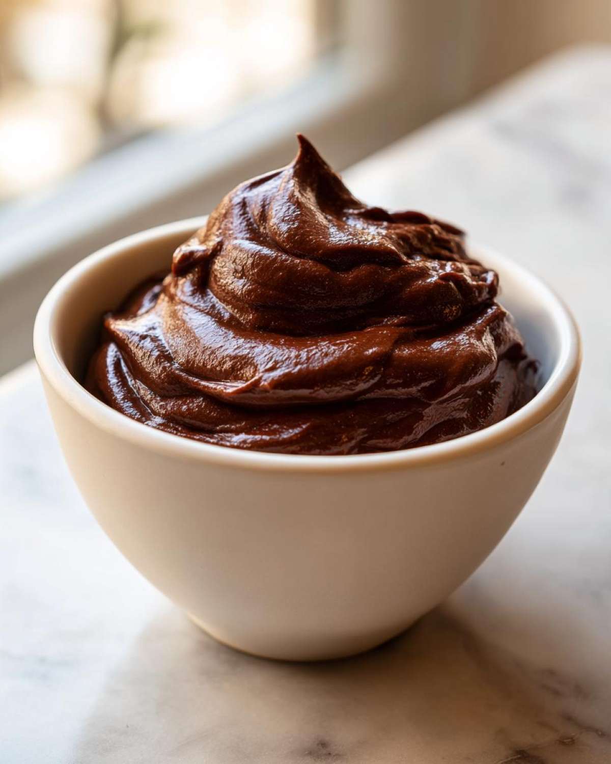 Close-up of rich, dark Vegan Chocolate Avocado Mousse swirled high in a small white bowl.