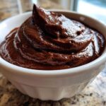 Close-up of rich, dark Vegan Chocolate Avocado Mousse swirled high in a white serving bowl.