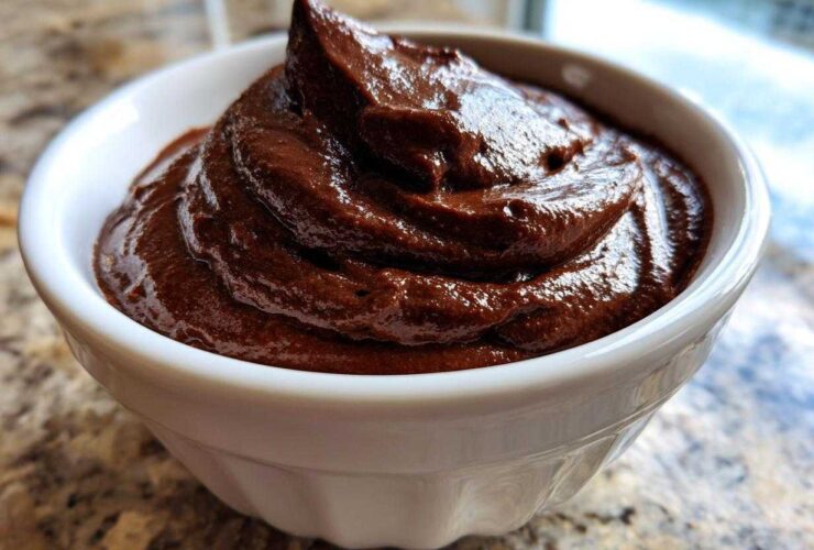 Close-up of rich, dark Vegan Chocolate Avocado Mousse swirled high in a white serving bowl.