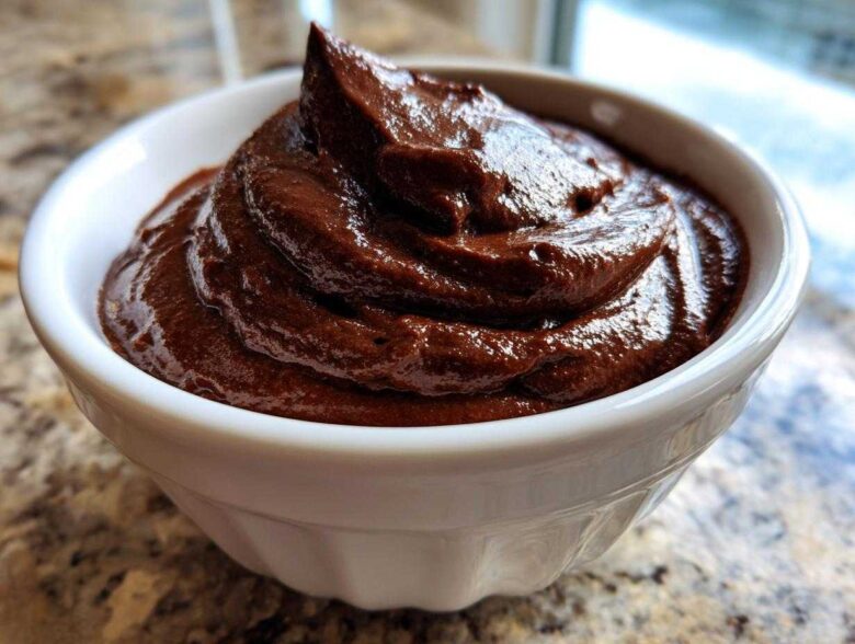 Close-up of rich, dark Vegan Chocolate Avocado Mousse swirled high in a white serving bowl.