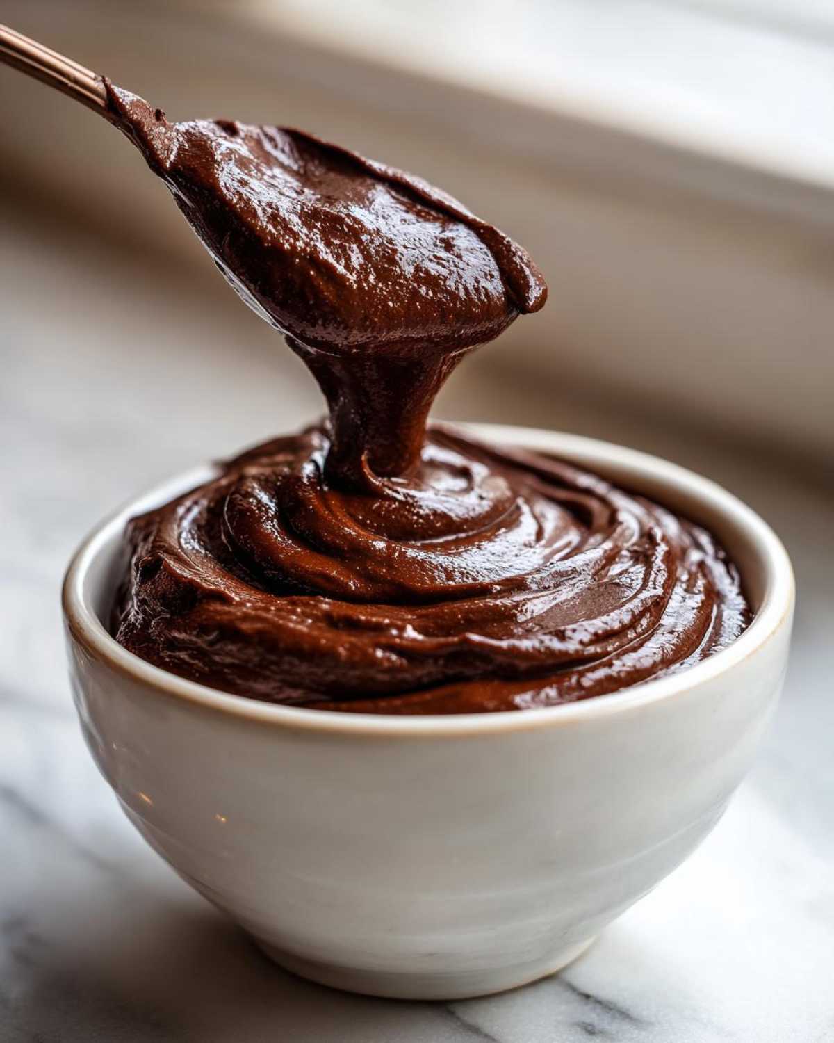 A spoonful of rich, dark Vegan Chocolate Avocado Mousse being lifted from a white bowl.