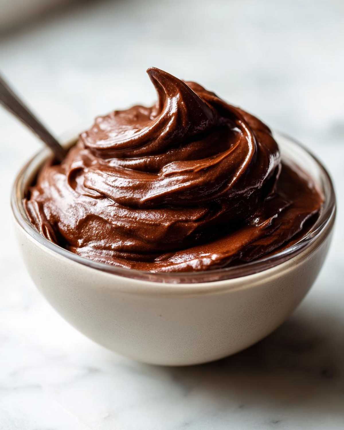 Close-up of rich, dark Vegan Chocolate Avocado Mousse swirled high in a small bowl with a spoon.