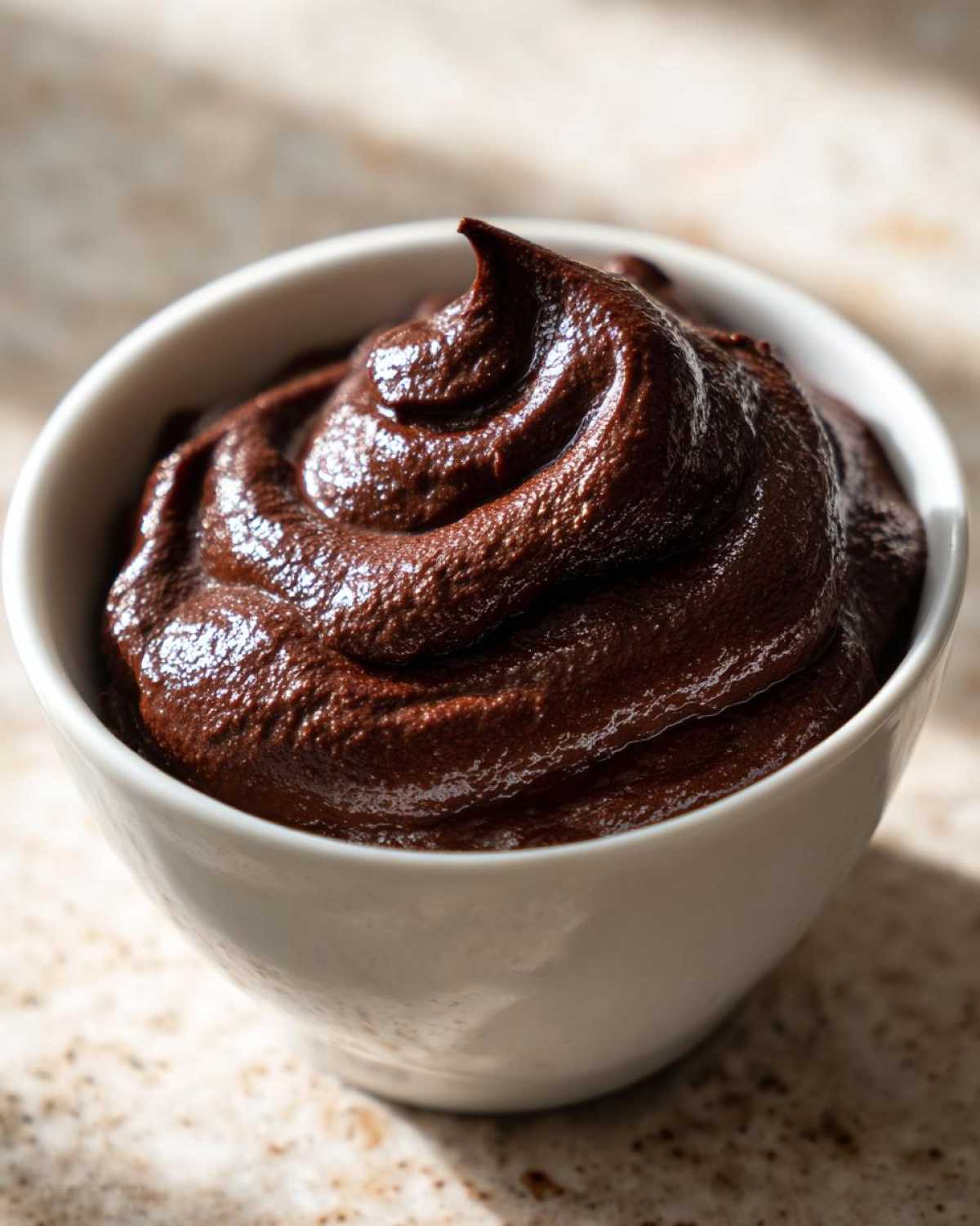 A close-up of rich, dark Vegan Chocolate Avocado Mousse swirled high in a small white bowl.