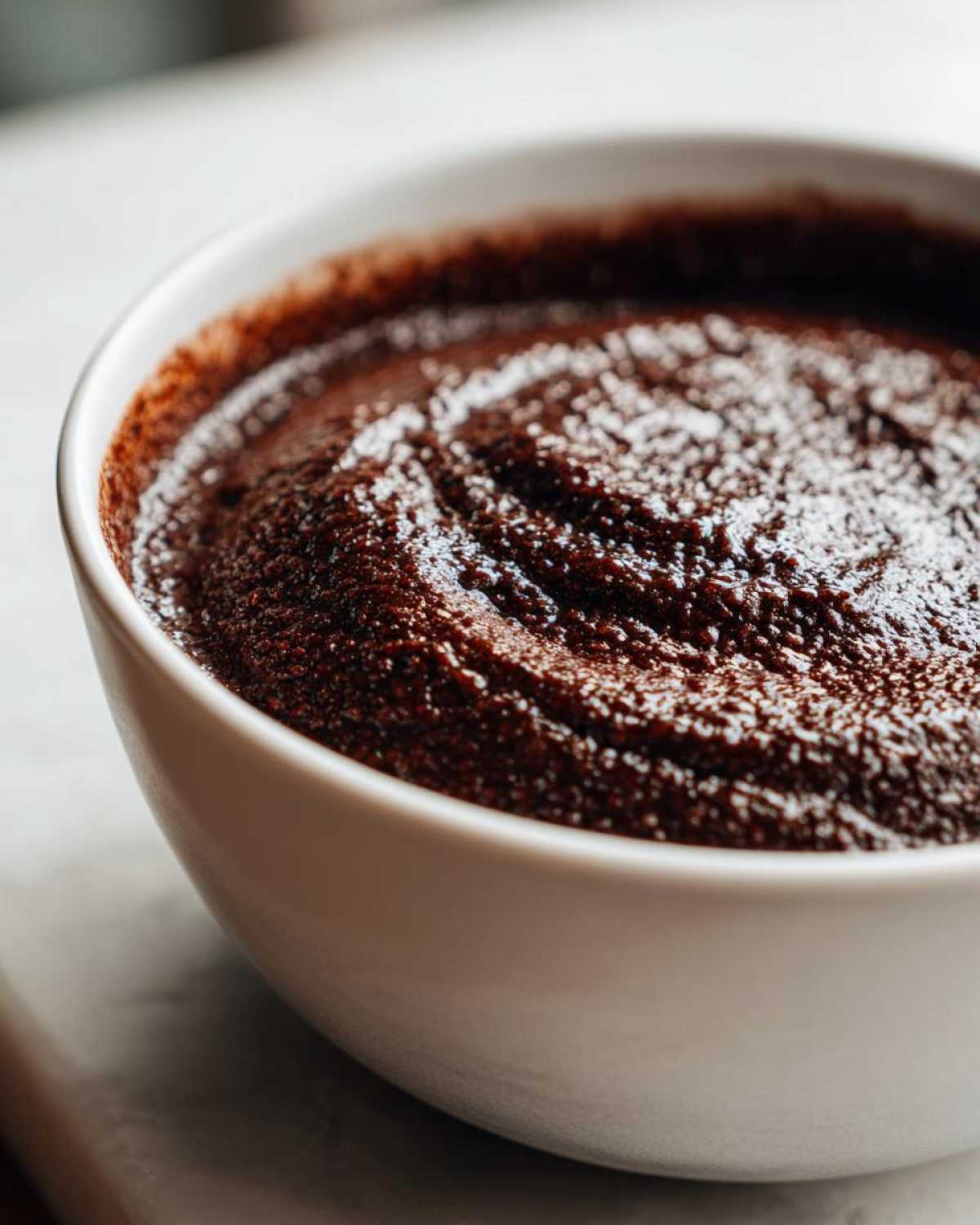 Close-up of thick, dark Vegan Chocolate Chia Pudding with a swirl texture in a white bowl.