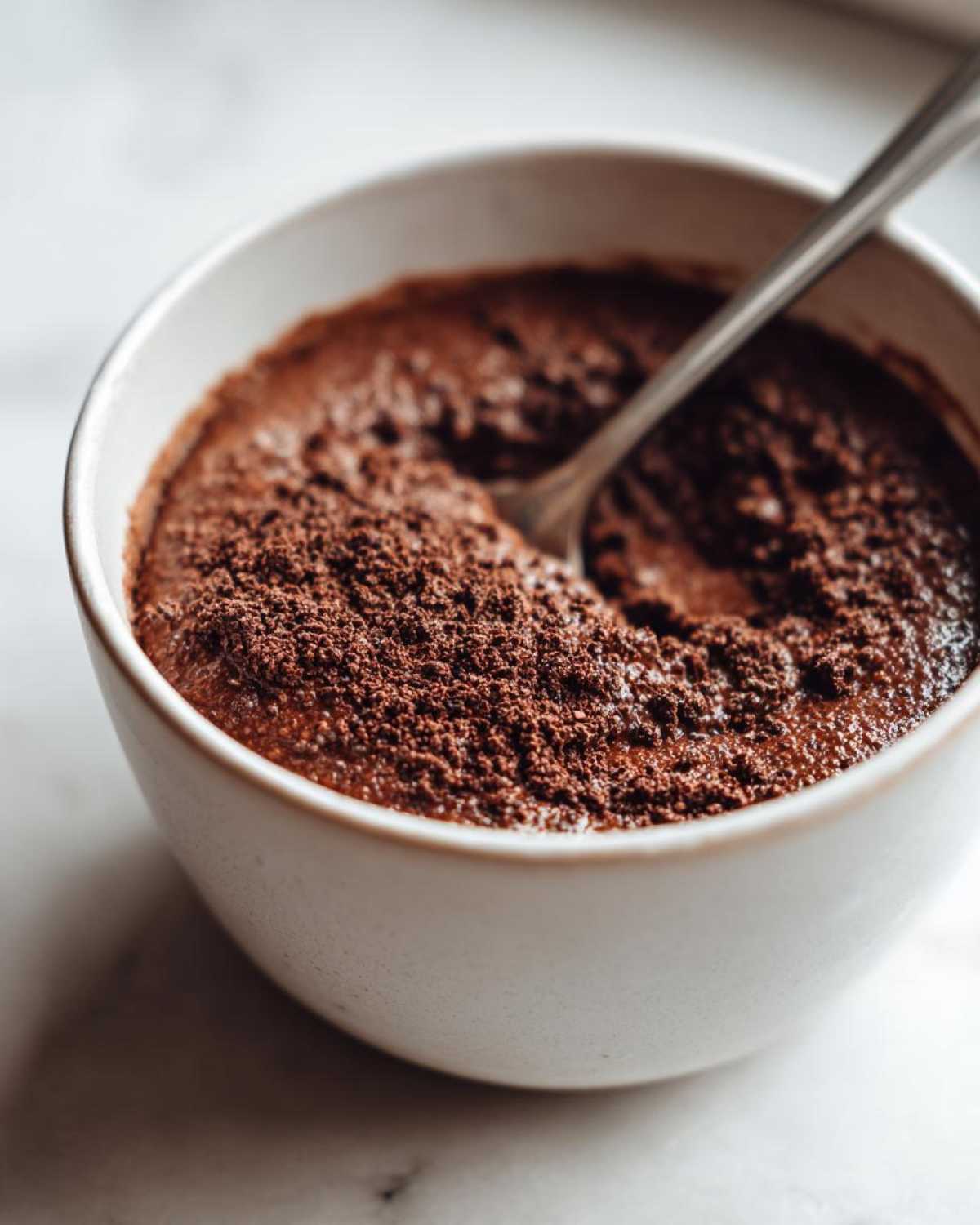 Close-up of rich Vegan Chocolate Chia Pudding topped with cocoa powder, with a spoon resting inside.