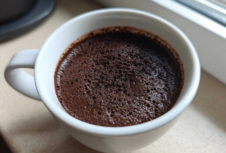 Close-up of rich, dark Vegan Chocolate Chia Pudding with a slight bubbly texture in a white mug.